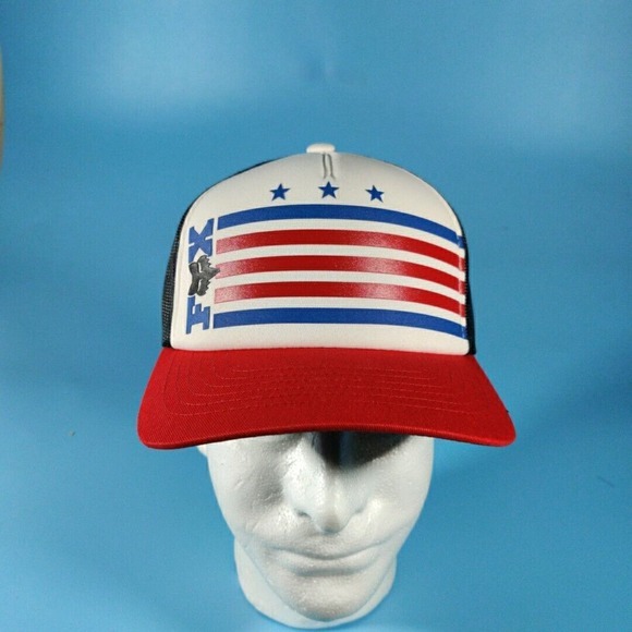 Fox Racing Hat‎ Mens Snapback American Flag Mesh Trucker Cap White Blue Red - Picture 1 of 5